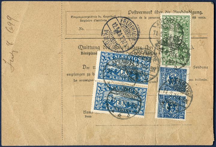 Danish parcel card from Apenrade 11 May 1920 to Aalborg, Denmark. 5 Mark on front, on back pair 20 pf, pair 2 Mark and single 5 Mark Plebiscit Slesvig, total franking 14,40 Mark. Label ’29 / Apenrade / 38’, parcel weighing 4,5 kg. German red ‘Eilbogen-Zettel’, Danish ilpakke and ekspres labels. Parcel rate 15.3 – 20.6.1920 until 5 Kg. rated at a fee of 12 Mark, German Express fee German Reich from 6.5.20 1 Mark, total rate 13 Mark. Overfranked with 1,40 Mark, stamps with minor faults.