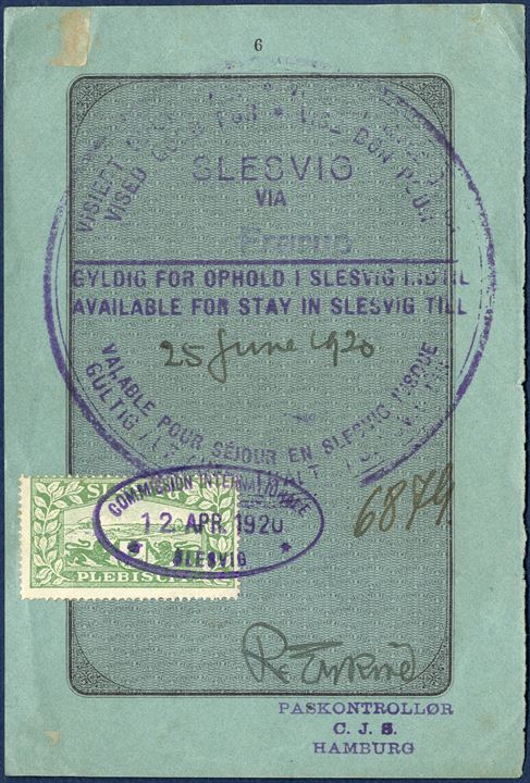 Plebiscit “Reise-Pas” page 5-6 issued Hamburg and stamped with the large VISA mark “Vised good for” stay in Slesvig at the border crossing Frørup, 12th April 1920 and valid for stay in Slesvig until 25 June 1920. Plebiscit SLESVIG 5 MK used as fiscal duty stamp, cancelled with oval “CIS 12. APR. 1920 SLESVIG”.