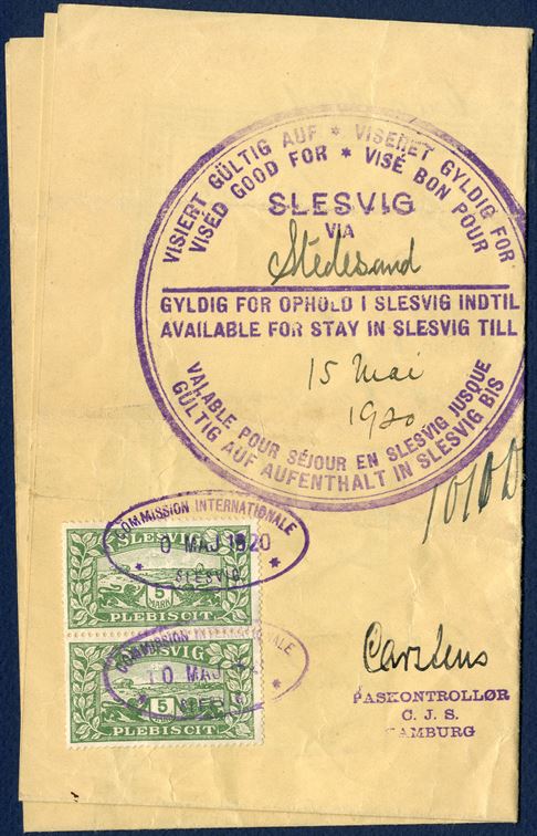 German Personalausweis Nr. 77, issued in Lüneburg 6 Mai 1921, valid until 5 Mai 1921. Issued for Anna Schuhmann, Geboren Hansen. On the back of the Reisepass, Plebiscit “Reise-Pas” issued Hamburg and stamped with the large VISA mark “Vised good for” stay in Slesvig at the border crossing Stedesand, 10. Maj 1920 and valid for stay in Slesvig until 15 Mai 1920. Pair of Plebiscit SLESVIG 5 MK used as fiscal duty stamp, cancelled with oval “CIS 10. MAJ. 1920 SLESVIG” and oval CIS Stedesand cachet.