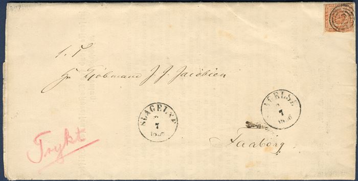 Printed matter from Slagelse 2 July 1856 to Faaborg. 4 sk. 1854 dotted spandrels tied by numeral 65 and datestamp alongside SLAGELSE 2.7.1856. The weight of the printed circular is 30 grams. Rate 4 sk. 1.4.1851 – 1.10.1865 until 60 grams. Stamp cut above but a quite scarce postal document.