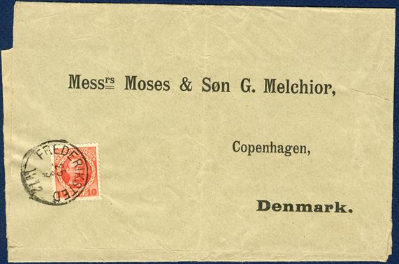 Wrapper for printed matter from Frederiksted 25 March 1912 to Copenhagen, Denmark. 10 BIT King Frederik VIII tied by LAP datestamp FREDERIKSTED 25/3 1912. UPU printed matter rate 5 BIT for each 50 gram 1.4.1905 – 31.3.1917, 50-100 gram is 2x 5 BIT = 10 BIT. Very few wrappers have survived.