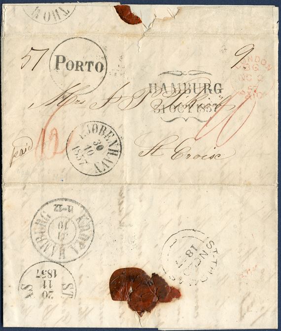 Prepaid entire from Copenhagen 30 October 1857 to St. Croix, Danish West Indies. The rate to DWI 60 sk. paid in cash, the Danish/Foreign share of the rate noted on the front 51 / 9. Postmarked KJØBENHAVN 30/10 1857, KDOPA HAMBURG 31/10, HAMBURG 31 OCT 1857, transit LONDON BG NO2 57 PAID, British post office ST. THOMAS NO 20 1857 and ST. THOMAS 20/11 1857. A due mark in circle PORTO stamped in Danish West Indies, 4¢ due by addressee, this is the earliest recorded PORTO and the most beautiful of letters recorded with this scarce due cancellation.