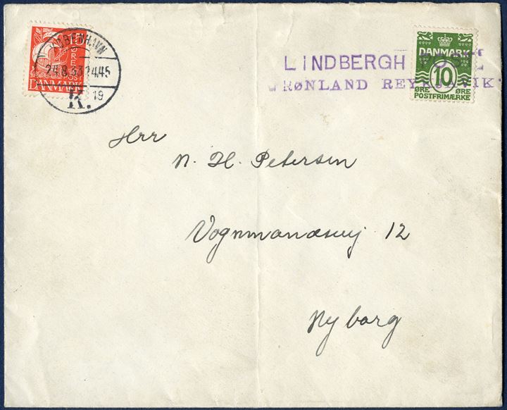 Letter flown from Julianehaab 15 August 1933 via Angmagssalik to Reykjavik and carried to Copenhagen where it received the machine cancel 24. August 1933. 10 øre wavy-line and 15 øre Caravel issue paying 25 øre 2nd letter rate (50-250g). 10 øre cancelled with “LINDBERGH POST - GRØNLAND REYKJAVIK” in purple stamped in Greenland, and 15 øre Caravel with one short perforation, with KØBENHAVN 24.8.33 14.45 K.19 on arrival at Copenhagen., on reverse oval cachet 'GRØNLANDS STYRELSE'. This is one of few letters sent by Mr. Petersen to his father in Nyborg. Rare and early example of Greenland Pioneer Mail.