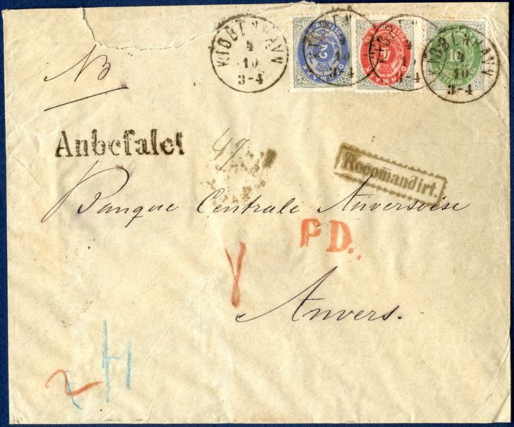Registered letter from Copenhagen 4 October 1873 to Antwerp in Belgium. Franked with 2, 4 and 16 sk. bicolored issue, all with faults. Only recorded registered skilling letter to Belgium, 13 sk. rate from 1.5.1868 - 31.12.1874 plus 8 sk. registration fee, total 21 sk. - franked with 22 sk. as no 1 sk. stamp were issued.