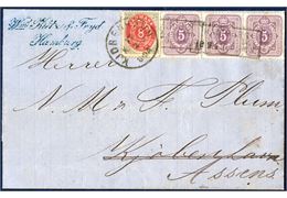 15 pf. letter from Hamburg on February 1876 to Copenhagen, from there readdressed and posted to Assens on 17 February 1876 with an 8 øre bicolored (SE-corner missing perf) - a very unusually combination with danish and DR stamps.