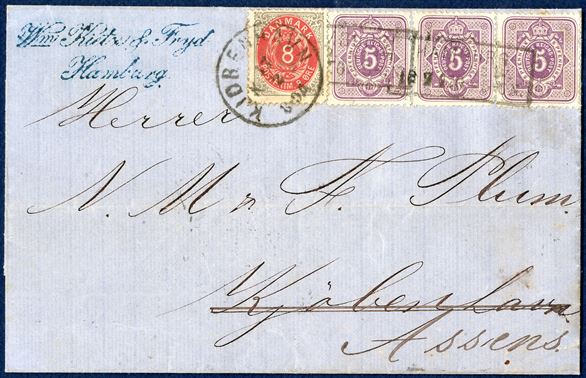 15 pf. letter from Hamburg on February 1876 to Copenhagen, from there readdressed and posted to Assens on 17 February 1876 with an 8 øre bicolored (SE-corner missing perf) - a very unusually combination with danish and DR stamps.