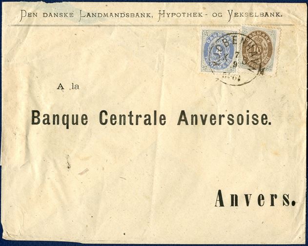 4 øre and 16 øre I printing on letter to Antwerp, Belgium. Cancelled with cds 'KJØBENHAVN KB 7/9' and backstamped 'ANVERS 9 SEPT 6-7M 1875'. 20 Øre rate UPU rate from 1.7.1875. 