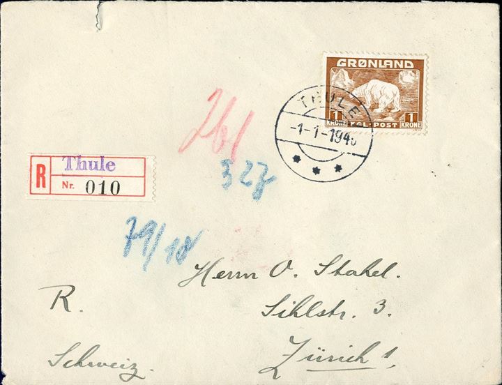 Registered letter sent from Thule to Zurich, Switzerland 1 January 1940 bearing a 1 kr. Polar Bear tied by Thule CDS. Censored in Berlin. Correct rate, 25 øre registration fee and 75 øre 4th letter rate (60-80 gramms), total 100 øre. Correct franking.