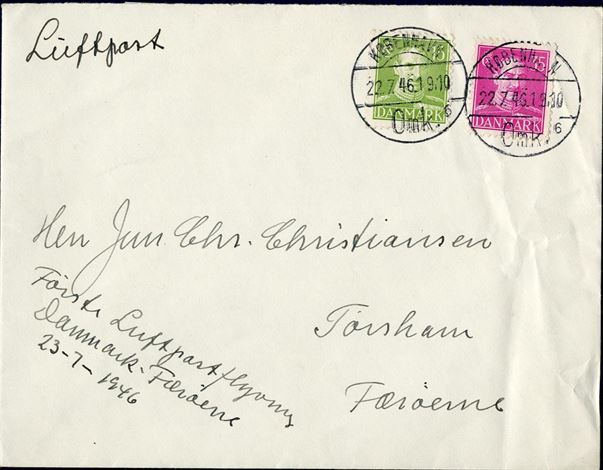 Air mail letter sent from Copenhagen to Thorshavn, Faroe Island with the first air mail service flight 23 July 1946. 