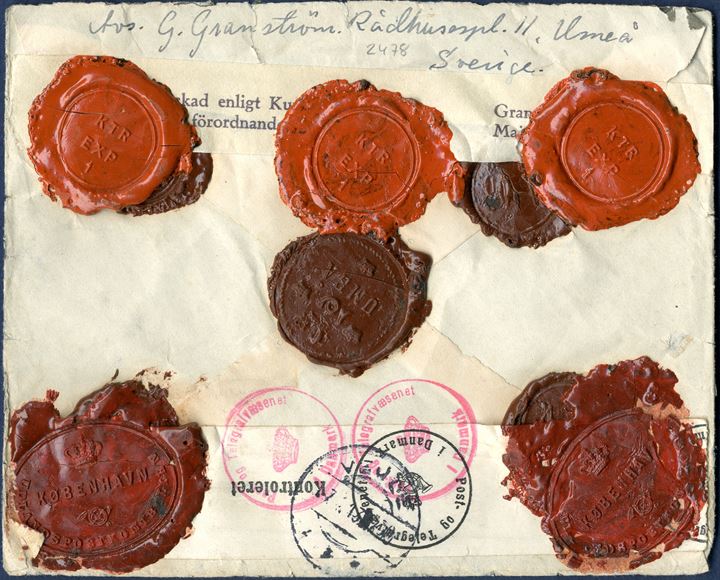 Value letter from Umeå 29 December 1942 to Bredsten, Denmark. Swedish exchange control, resealed and with three red wax seal 'KTR EXP 1' and resealing tape 'Granskad enligt. Kungl. Maj:ts förordnande'. In Copenhagen censored and resealed, with the scarce red censormark type 2 with small letters 'Post- og Telegrafvæsenet [crown] i Danmark' and only used for registered and insured mail and two red wax seal '[crown] KØBENHAVN [posthorn] UDLANDSPOSTKONTROLLEN' and rarely seen censorhip wax seal. 