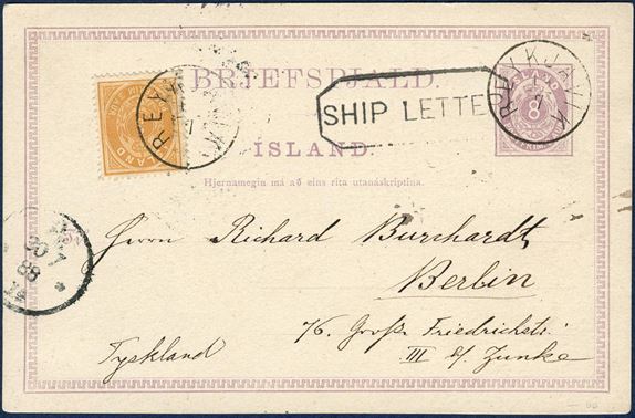 8 aur postal card with 3 aur oval issue perf. 14 sent from Reykjavik to Berlin 19 July 1888 stamped by lapidar C1 “REYKJAVIK” alongside Leith large octagonal “SHIP LETTER” mark. Overfranked by 1 aur. 