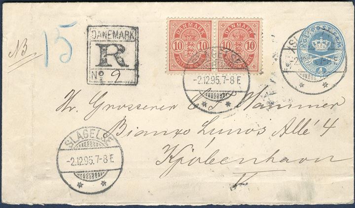 10 øre small corner figures in pair on 4 øre envelope from Slagelse to Copenhagen December 2, 1895. Small corner figures with cornerfold, but still a fine cover and extremely scarce.