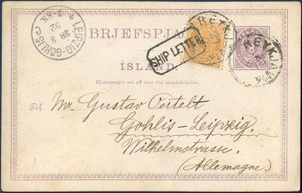8 aur postal card with 3 aur oval issue perf. 14 sent from Reykjavik to Leipzig 28 March 1892 stamped by lapidar C2 “REYKJAVIK” alongside Edinburgh octagonal “SHIP LETTER” large letter mark. Overfranked by 1 aur.