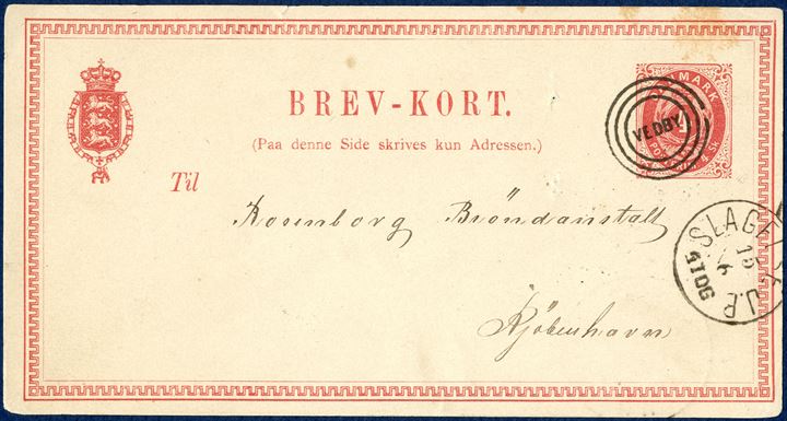 Esrom type 'VEDBY' on 4 sk. brev-kort from Vedby 15 June 1872 via Slagelse, to Copenhagen. Superb 'VEDBY' strike and rare in this quality, two holes from stapler middle of the card. 