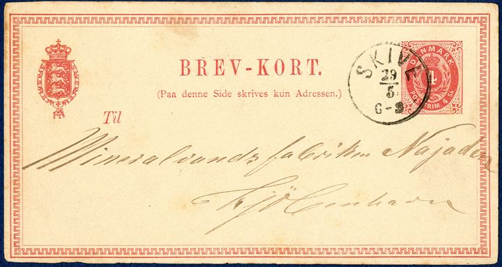 4 sk. BREV-KORT from Skive 29 June 1875 to Copenhagen. Skilling/Øre usage with 4 sk. paying 8 øre domestic post card rate. The 4 sk. card was used from 1.4.1871 paying for the 4 sk. domestic postcard rate, after 1.1.1875 - 4 sk. corresponded to 8 øre and paying the correct postcard rate. A beautiful piece in every respect.