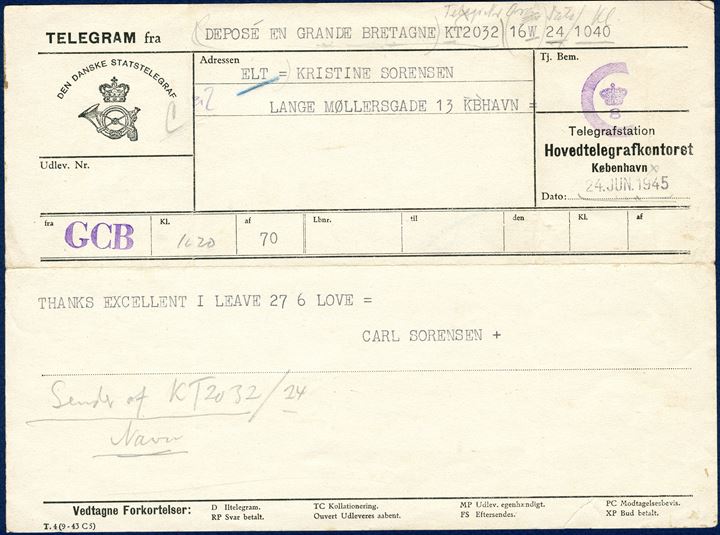 Copenhagen, Telegram from Great Britain, Copenhagen 24 June 1945. Post war censor mark 'C [Crown] 8' in violet. Rare.