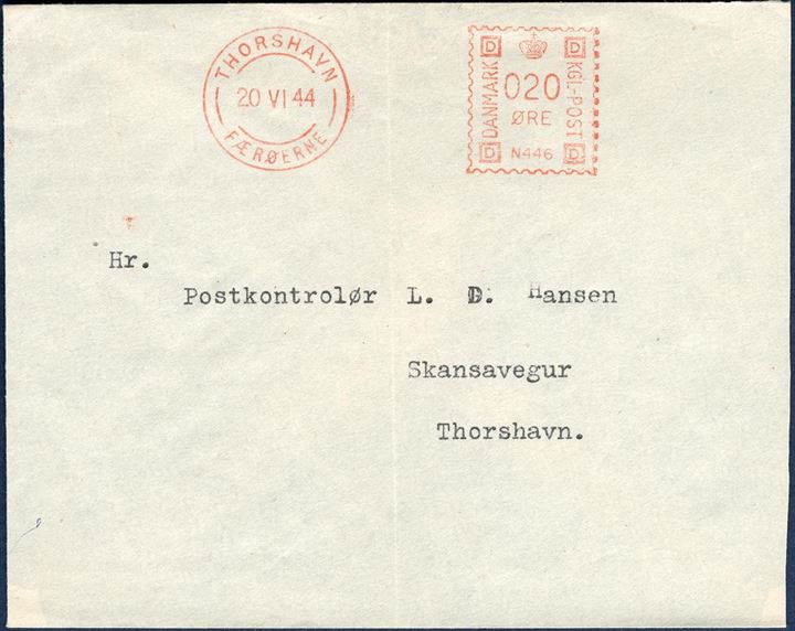 Thorshavn Meter marks, 5 and 20 øre on philatelic envelopes, all FDC cancels 20th June 1944. 