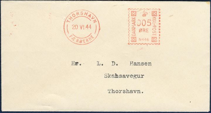 Thorshavn Meter marks, 5 and 20 øre on philatelic envelopes, all FDC cancels 20th June 1944. 