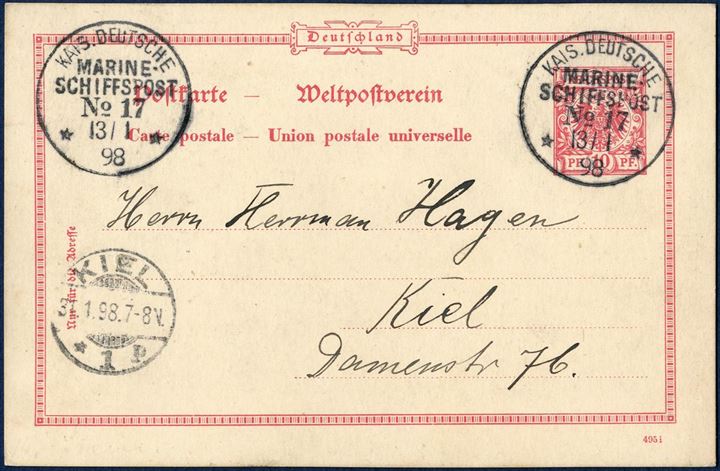 10 Pf. Reichspost Naval mail postcard sent from St. Thomas 13 January 1898, stamped “KAIS.DEUTSCHE MARINE SCHIFFSPOST No. 17 13/1 98”. 