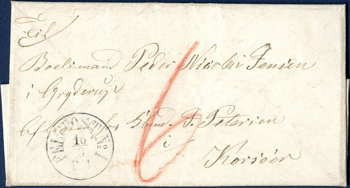 Soldier's letter sent from Lysabild, Als to Korsør 16 March 1864 and inside dated 10 March 1864. Stamped “FELTPOST NO. 1 P1 16/3” and charged “6” sk. in red crayon.