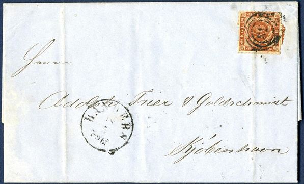 Letter sent from Randers to Copenhagen 18 May 1864 bearing a 4 sk. rouletted 1863 tied by numeral “53” alongside CDS “Randers 18.5 7-9 EF”. The first armistice was in place on 12th May until 25th June and in this period the letter was sent.