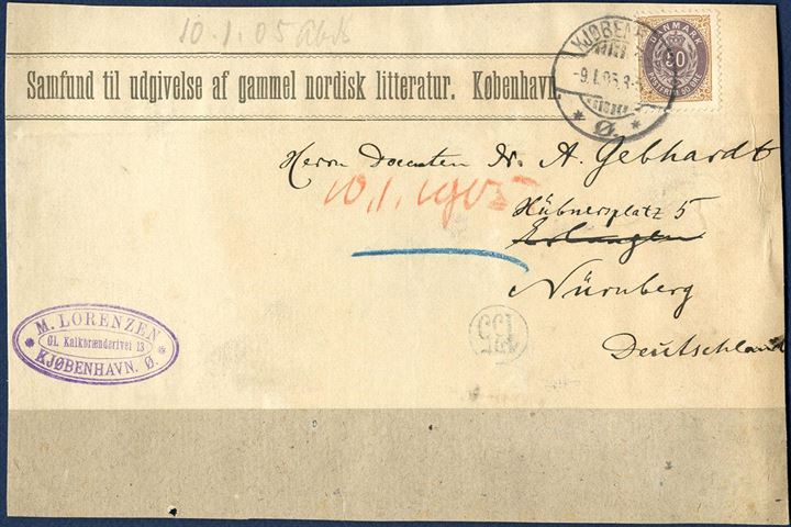 Part of large printed matter sent from Copenhagen to Nürnberg 9 January 1905, bearing a 50 øre bicolored WM. III paying for the 10th weight rate, 5 øre per 50 grams.