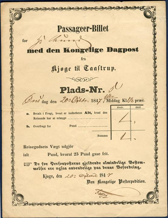 Passenger-Ticket with the daily mail-coach from Kjøge to Taastrup, dated Wednesday 20 October 1847.