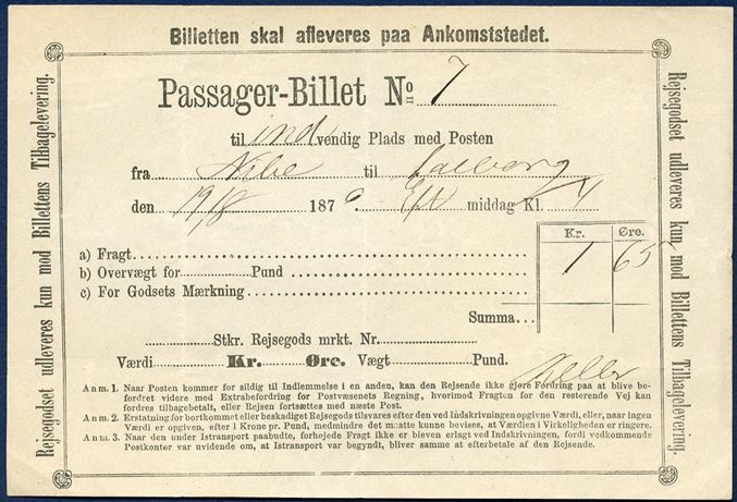 Passenger-Ticket with the daily mail-coach (inside seat) from Nibe to Aalborg, 19 August 1879. 