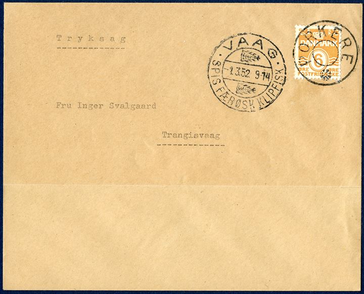 Printed matter from Porkere 1 March 1952 to Trangisvaag. 6 øre wavy-line tied by removed star cancel “PORKERE” alongside cds. “VAAG 1.3.52 9-14”. One of the most sought after removed star cancel from Faroe Island.