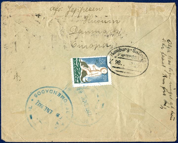 Registered SCADTA letter sent from Copenhagen 6 December 1926 to Bucaramanga in Columbia, franked with 15 øre and 60 øre King Chr. X alongside 10 and 20 Centavos SCADTA adhesives, all tied by Copenhagen datestamp, prepaying the Columbian air mail rate. Registration fee 25 øre plus 30 øre letter rate and additional 20 øre for 2nd rate (per 0-20 gram). In Columbia additional chareged and stamped boxed 'T $ 0,50 R'. An extremely rare SCADTA letter. On the back of the letter a DANISH CHRISTMAS SEAL 1926 tied with TPO 'Hamburg-Saßnitz' and Columbian reception mark. RARE.