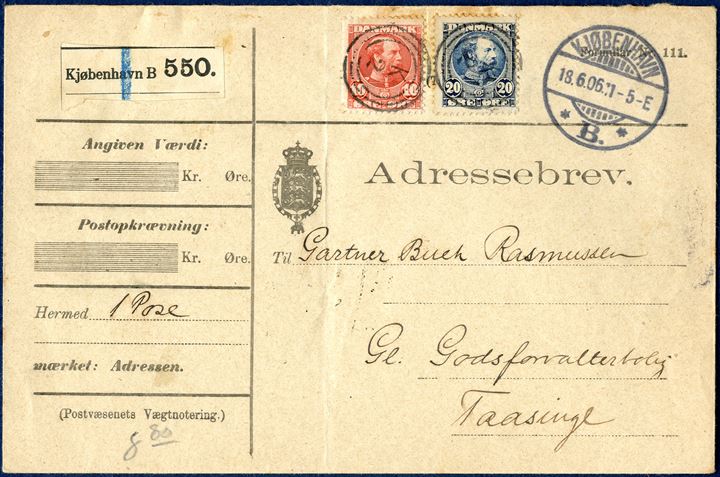 Parcel letter (Adressebrev) 8,80 kg. from Copenhagen Railroad station 18 June 1906 to Taasinge. 20 øre blue King Chr IX and new engraving 10 øre red, tied by 3-ring 'K 2' Esrom type  alongside swiss type 'KJØBENHAVN 18.6.06 11-5-E *B.* ', parcel label 'Kjøbenhavn B 550.' and backstamped 'TAASINGE 19.6.06 7-8F'. Vagn Jensen recorded from 3.3.1910 - 5.10.1916, this letter is postmarked June 1906.