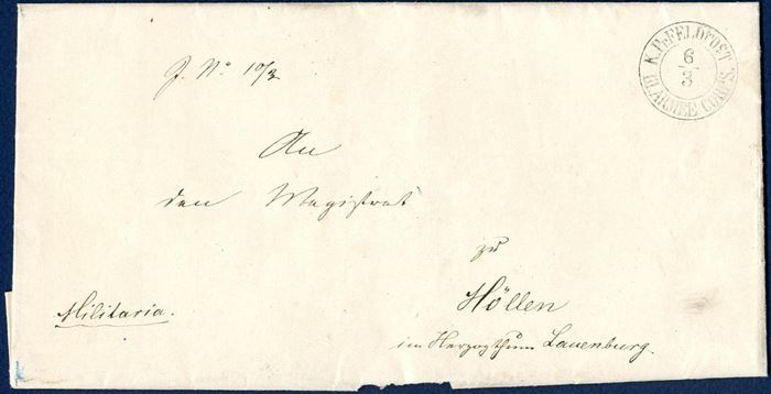 Military letter sent from Gravenstein to Höllen in Lauenburg 6 March 1864, stamped  on front with the two-ring “K.PR.FELDPOST - III. ARMEE CORPS CORPS.”, with full contents. 