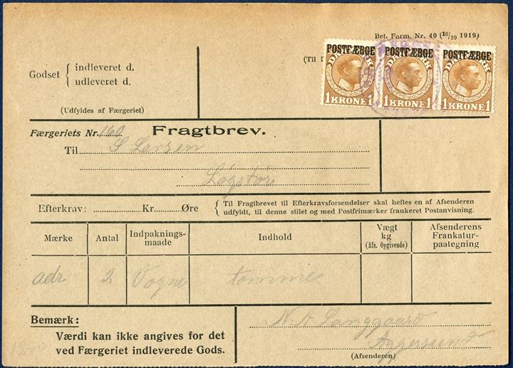 Freight Bill for two empty “wagons” bearing a 3-strip of 1 Kr. King Chr. X tied by two-ring mark “AGGERSUND FÆRGERI”. Scarcely seen, as mixed franking are the most commonly seen.