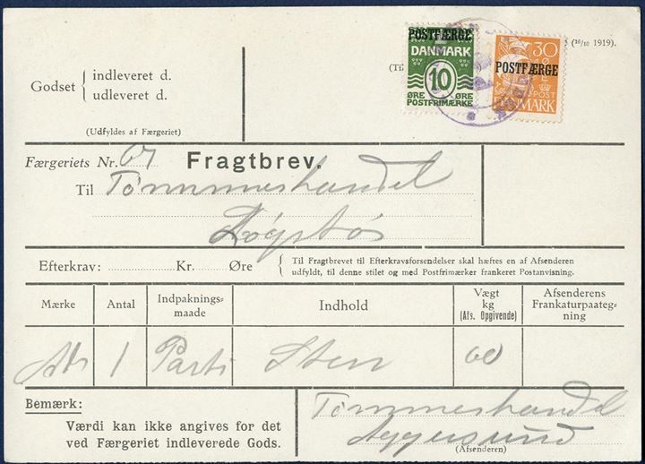 Freight Bill for a load of stones weighing 60 kgs bearing a 10 øre wavy-line and 30 øre Caravel POSTFÆRGE overprints, tied by two-ring mark “AGGERSUND FÆRGERI”. Sent from Aggersund to Løgstør.