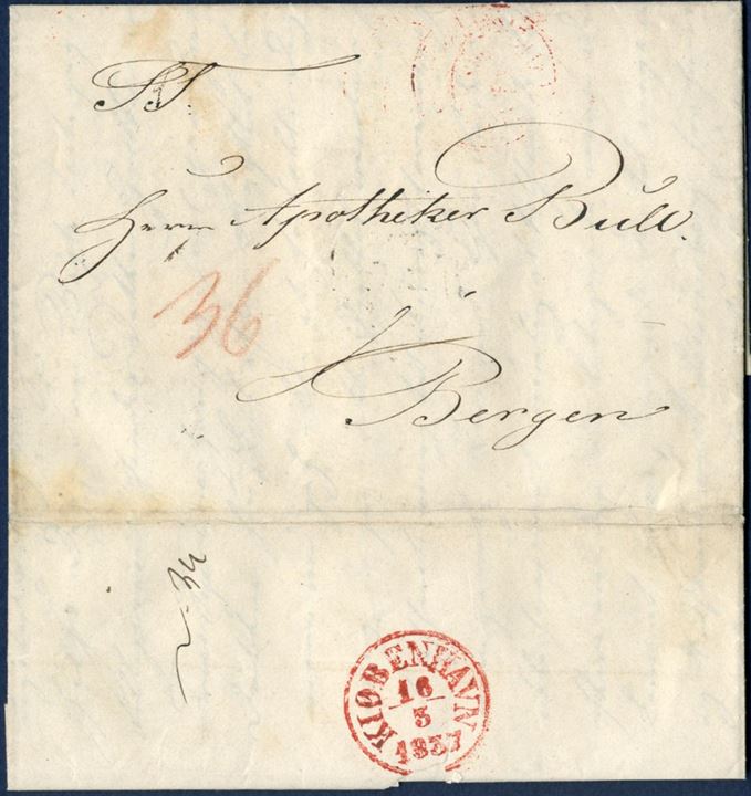 Letter sent from Copenhagen to Bergen 16 March 2008, stamped red “KIØBENHAVN 16.3.1837”. Charged 36 sp.sk., list no. 2-34, 2 sk. delivery fee.