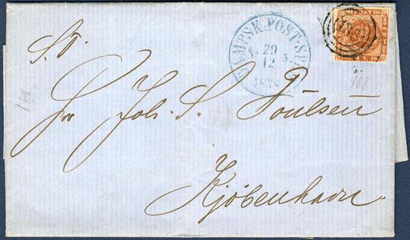 Letter sent from Aarhus to Copenhagen 29. December 1858 bearing a 4 sk. 1858 wavy-line issue tied by numeral “188” alongside CDS “DAMPSK:POST-SPED. No. 5, 29/12 1858” in blue. Most likely posted aboard the steamer in Aarhus and then brought into Korsør from where it was sent to Copenhagen.