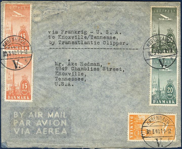 Air mail letter sent from Copenhagen to Knoxville, USA on 30 March 1940 bearing a 10 øre, 20 øre, 50 and two 15 øre air mail stamps, paying 30 øre foreign rate plus 80 øre air mail surcharge. Sent “via Frankrig”, this route ceased 9 April, when Denmark was occupied by Germany.
