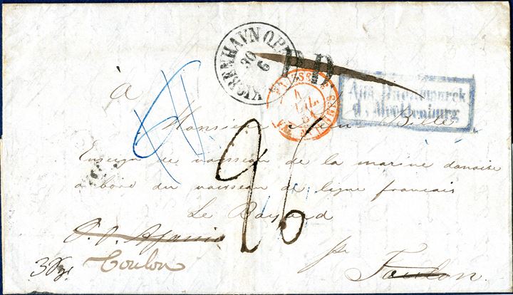 Østerbro in Copenhagen 30 June 1851 to Toulon, France. Samped cds 'KIØBENHAVN O.P.E. 30 /6 1851', with boxed 'Aus Daenemarck. / d. Meckleburg' greenish blue ink. Backstamped TPO 'MAGDEBURG-WITTENBERGE 1.7', 'BERLIN-HAMBURG' and 'BERLIN-MINDEN' and on front French due and border crossing mark in Valenciennes. Rare.