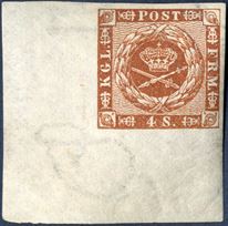 4 sk. 1858 V printing watermark II, with corner sheet margin. A very appealing stamp.