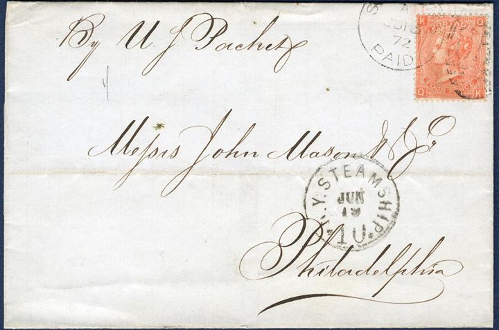 St. Thomas, 13 June 1872, from Ponce, Puerto Rico via St. Thomas to Philadelphia. RATE - 4d plate 12 ROUTE - US Packet. Vertical C51 marking. “N.Y.STEAMPSHIP * 10 * Jun 19” stamped on front. 