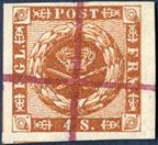 4 sk. 1858 wavy-line spandrels, V. printing, watermark II. Huge margins and with purple ink cancellation. Highly decorative stamp. This stamp has not been offered since 1977 !