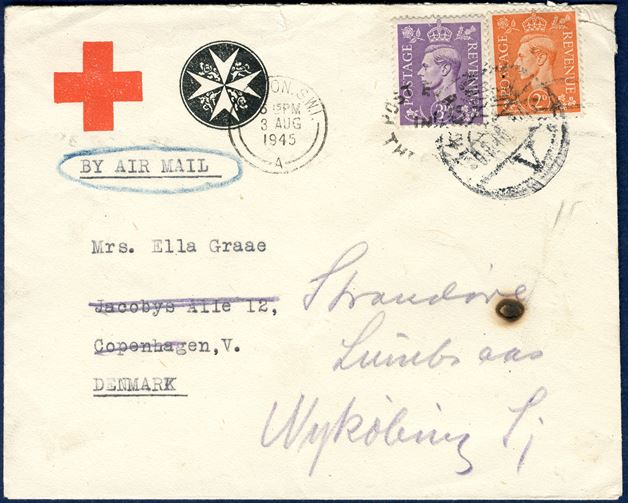 Danish Red Cross 'Deamndeur' form (III-10-44) dated 28 August 1945 to Leif Graae in New York, USA. From Red Cross in London, forwarded with a note attached, to Leif t. Graae, APO 639, New York. and accompanying letter from British Red Cross with a reply to his mother Ella Graae dated 3rd August 1945, including the British Red Cross letter to Ella Graae in Denmark, plus a message form from Leif Graae to his mother dated 20 July 1944 and Danish Red Cross envelope . A RARE SET.