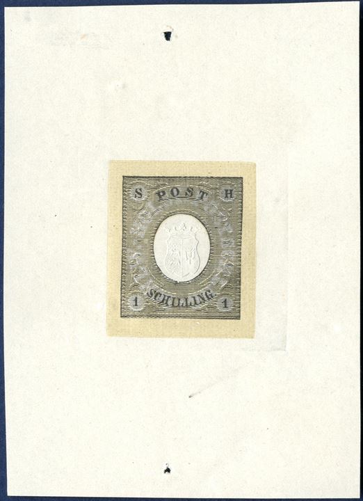 1 Schilling Essay 1850 on large piece. The stamp design has been printed in black on a dull khaki burelage and colourless centre, and a negative white appearance of the text “SCHLW.-HOLST.POSTSCHILLING”, corner figures on shaded background. Almost similar to Krötzsch no. 4. Very fine embossed coat of arms in the centre. Rare.