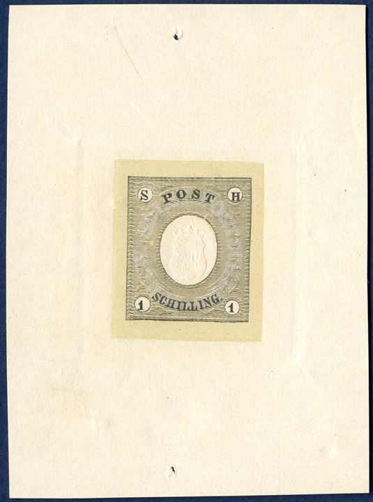 1 Schilling Essay 1850 on large piece. The stamp design has been printed in black on a dull khaki burelage and colourless centre, and a negative white appearance of the text “SCHLW.-HOLST.POSTSCHILLING”, corner figures on colourless background. Almost similar to Krötzsch no. 3, but with colourless background figures. Centre embossed with coat of arms. Rare.