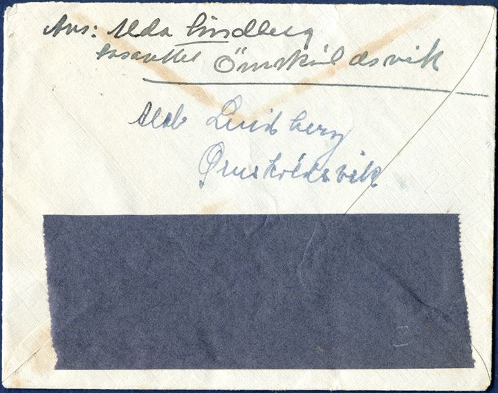 Censored letter from Sweden 28 February 1944 to Copenhagen. Censored and resealed with neutral 39 mm wide blackish blue resealing tape (rare). Censormark 'Ak', stamp is defect.