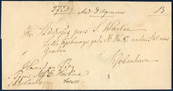 Parcel letter for a book sent to Copenhagen weighing 27 lod. On the front endorsed “Med Diligencen” with mail coach, very scarce endorsement on Danish letters (1850 ?)