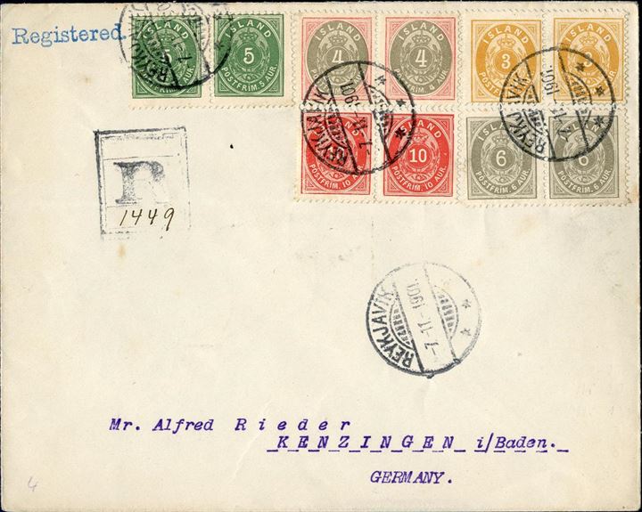 Registered letter sent from Reykjavik to Kenzingen in Germany 7 November 1901, bearing a franking of 56 aur, 40 aur second letter rate plus registration fee of 16 aur. Franked with pairs of 5 aur 1896, 4 aur1900, 3 aur 1901 (large 3), 10 aur 1897 and 6 aur 1897. Transit mark Christiania 16 November 1901. Colour full letter and unusual combination with 5 colour franking with all the stamps in pairs !