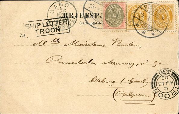 Postcard sent from Reykjavik to Gent in Belgium 5 August 1902, bearing a 4 aur 1900 and pair of 3 aur 1901, making up the 10 aur UPU postcard rate. Transit mark CDS “TROON 330 - C 13 AU 02” alongside boxed “SHIP LETTER - TROON” alongside and Gand receiving mark on front. Scarce combination.
