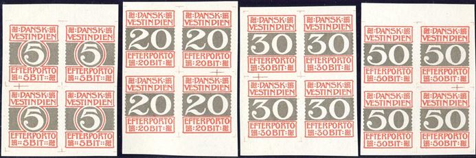 Complete set colour proofs of the Postage Due BIT issue, imperforate blocks of four, without gum. Engstrøm type DP5.