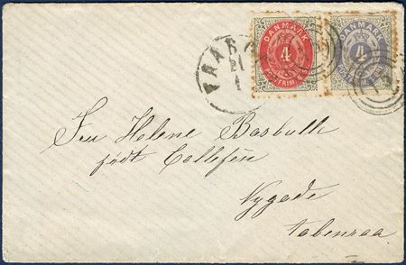 Letter sent from Faaborg to Aabenraa in Sonderjytland 21 January (1875) bearing a 4 sk. and 4 øre bicoloured, mixed franking skilling/øre. Although stamps are defect, rare in combinations on letter. 4 sk. equals 8 øre, plus 4 øre, 12 øre correct rate to the then German Sonderjytland.